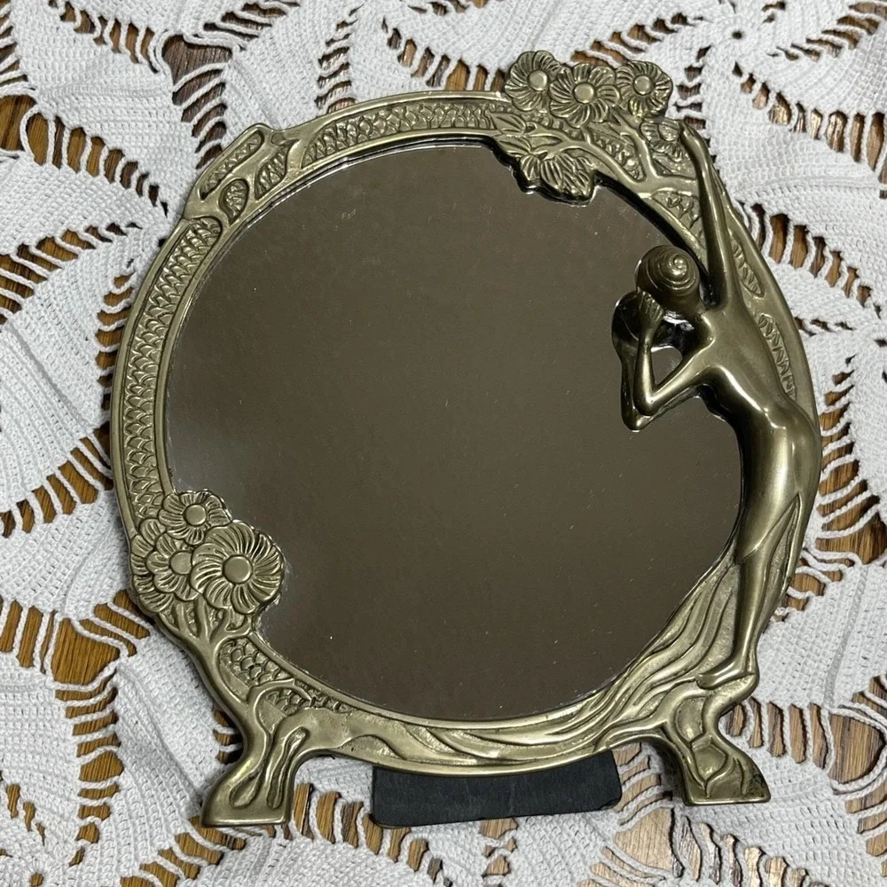 Vintage Art Nouveau Brass Mirror Lady of Lake Flower Vanity Frame